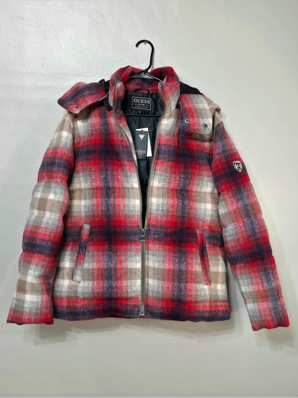 GUESS Red and Tan Plaid Y2K Men's Zip Jacket NWT Medium